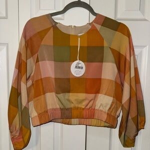 Petal & Pup Orange and Green Long Sleeve Boxy Crop Blouse with matching skirt.